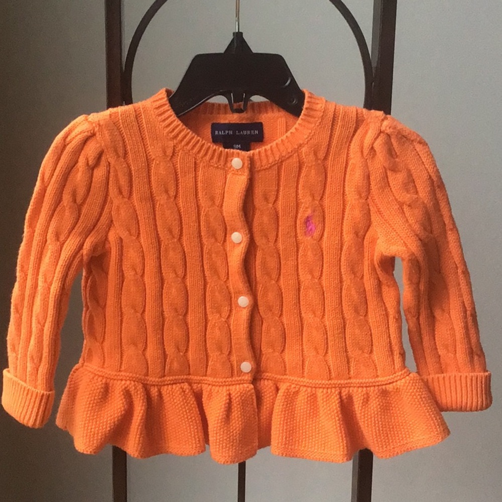 RL Cable Knit Cotton Cardigan Peplum Ruffle Button Sweater Classic Colorful